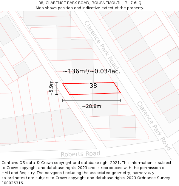 38, CLARENCE PARK ROAD, BOURNEMOUTH, BH7 6LQ: Plot and title map