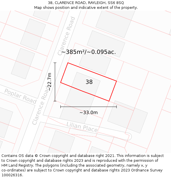 38, CLARENCE ROAD, RAYLEIGH, SS6 8SQ: Plot and title map