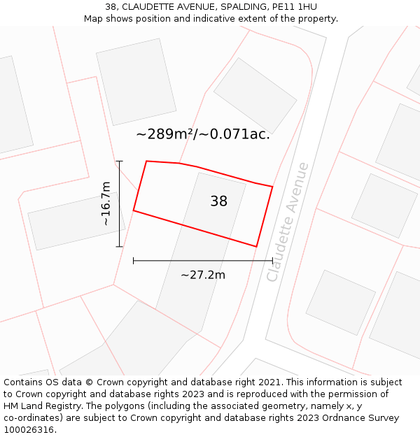 38, CLAUDETTE AVENUE, SPALDING, PE11 1HU: Plot and title map