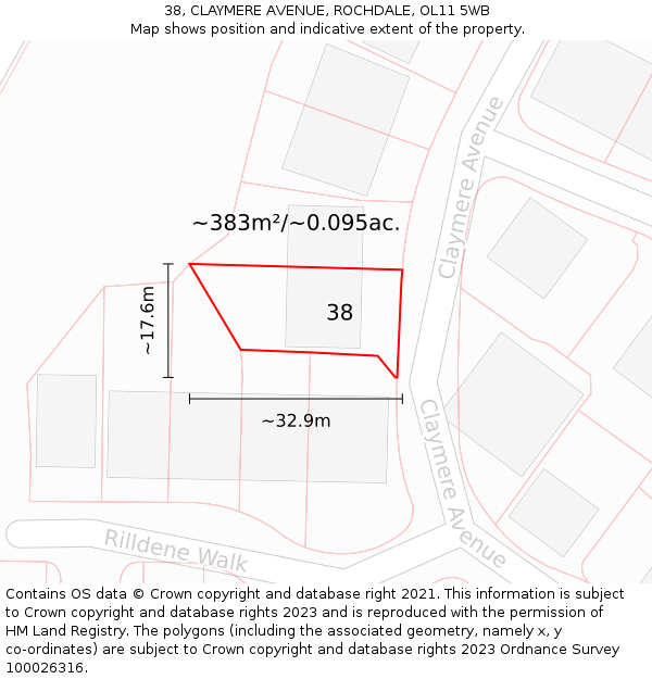 38, CLAYMERE AVENUE, ROCHDALE, OL11 5WB: Plot and title map