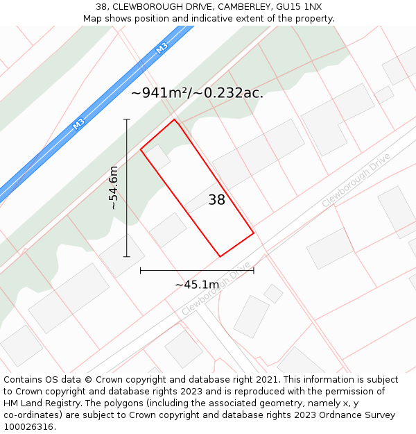 38, CLEWBOROUGH DRIVE, CAMBERLEY, GU15 1NX: Plot and title map