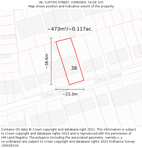 38, CLIFTON STREET, HORNSEA, HU18 1HY: Plot and title map