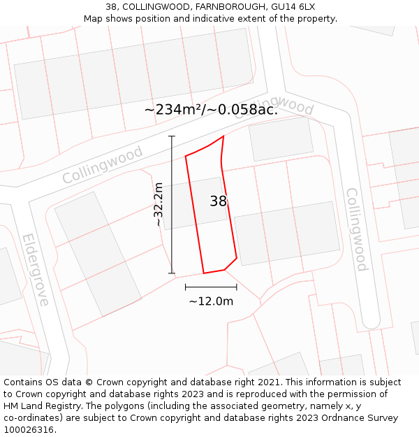 38, COLLINGWOOD, FARNBOROUGH, GU14 6LX: Plot and title map