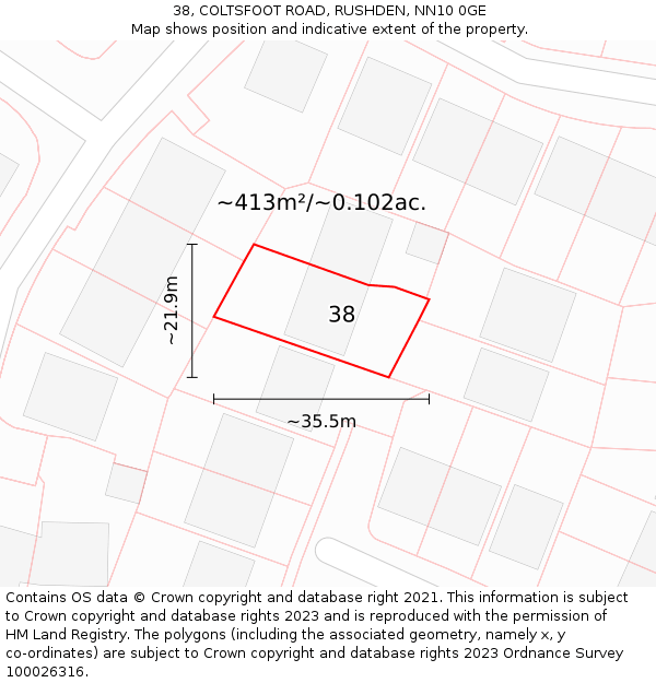 38, COLTSFOOT ROAD, RUSHDEN, NN10 0GE: Plot and title map