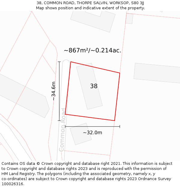 38, COMMON ROAD, THORPE SALVIN, WORKSOP, S80 3JJ: Plot and title map