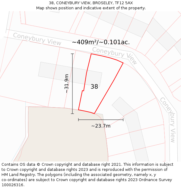 38, CONEYBURY VIEW, BROSELEY, TF12 5AX: Plot and title map