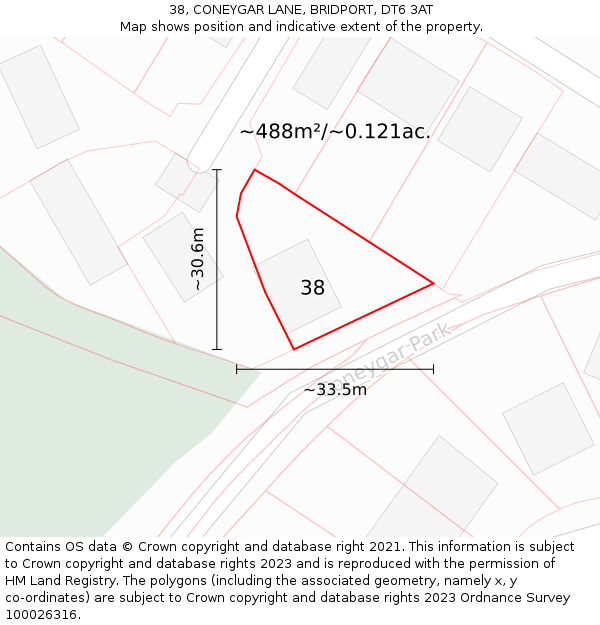 38, CONEYGAR LANE, BRIDPORT, DT6 3AT: Plot and title map