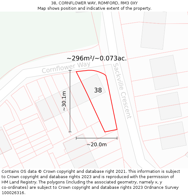 38, CORNFLOWER WAY, ROMFORD, RM3 0XY: Plot and title map