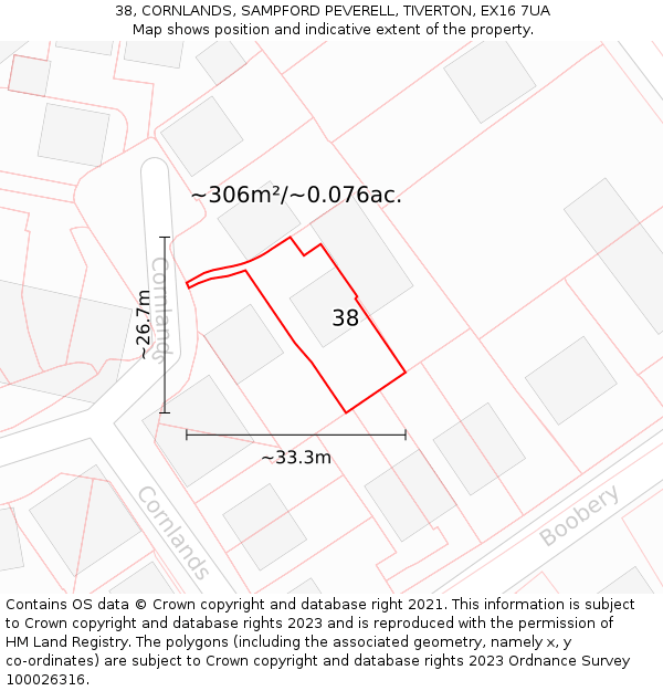 38, CORNLANDS, SAMPFORD PEVERELL, TIVERTON, EX16 7UA: Plot and title map