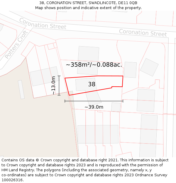 38, CORONATION STREET, SWADLINCOTE, DE11 0QB: Plot and title map