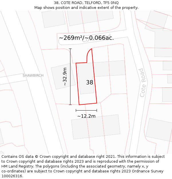 38, COTE ROAD, TELFORD, TF5 0NQ: Plot and title map