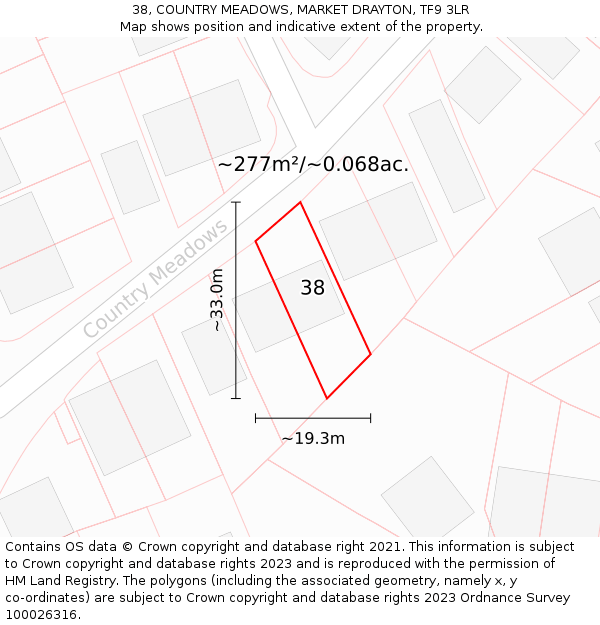 38, COUNTRY MEADOWS, MARKET DRAYTON, TF9 3LR: Plot and title map