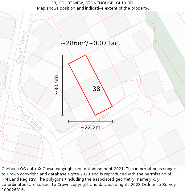 38, COURT VIEW, STONEHOUSE, GL10 3PL: Plot and title map