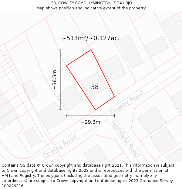 38, COWLEY ROAD, LYMINGTON, SO41 9JQ: Plot and title map