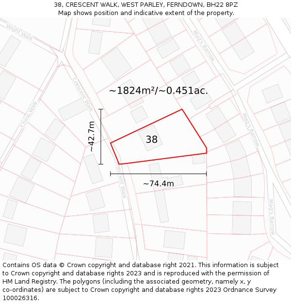 38, CRESCENT WALK, WEST PARLEY, FERNDOWN, BH22 8PZ: Plot and title map