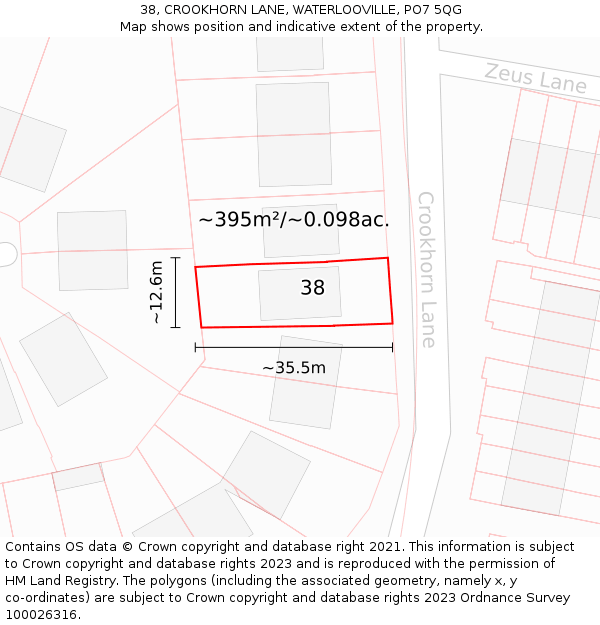 38, CROOKHORN LANE, WATERLOOVILLE, PO7 5QG: Plot and title map