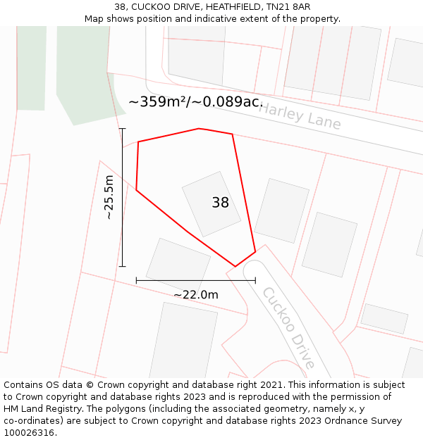 38, CUCKOO DRIVE, HEATHFIELD, TN21 8AR: Plot and title map