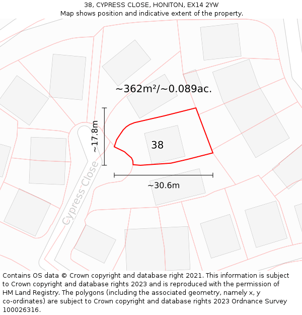 38, CYPRESS CLOSE, HONITON, EX14 2YW: Plot and title map