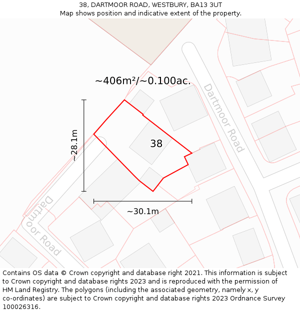 38, DARTMOOR ROAD, WESTBURY, BA13 3UT: Plot and title map