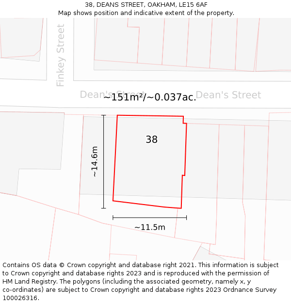 38, DEANS STREET, OAKHAM, LE15 6AF: Plot and title map