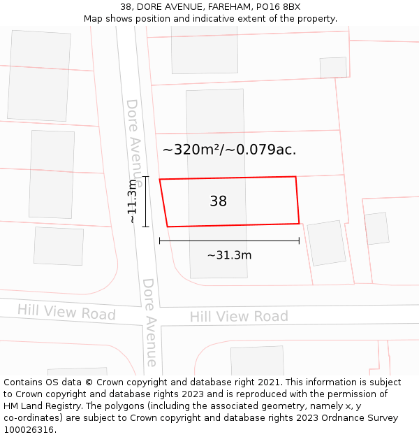 38, DORE AVENUE, FAREHAM, PO16 8BX: Plot and title map