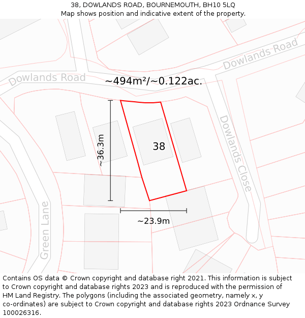 38, DOWLANDS ROAD, BOURNEMOUTH, BH10 5LQ: Plot and title map