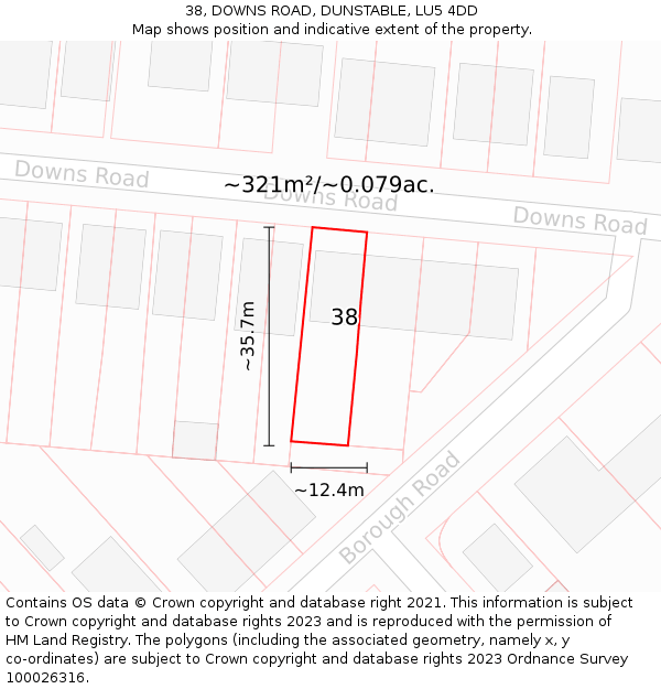 38, DOWNS ROAD, DUNSTABLE, LU5 4DD: Plot and title map