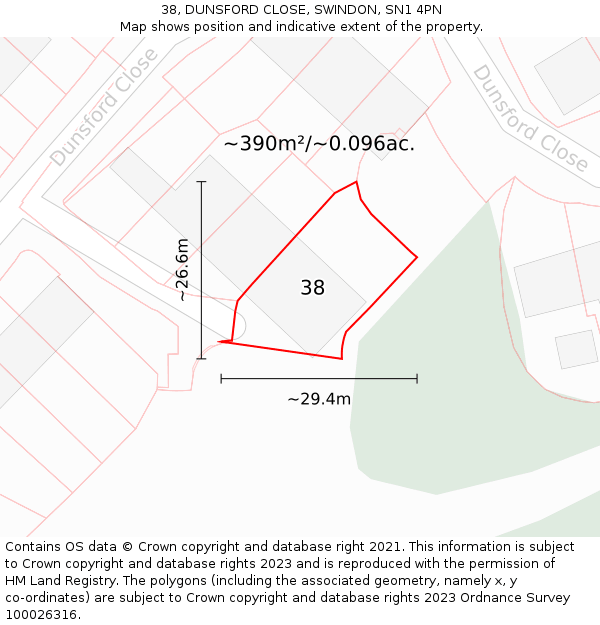 38, DUNSFORD CLOSE, SWINDON, SN1 4PN: Plot and title map