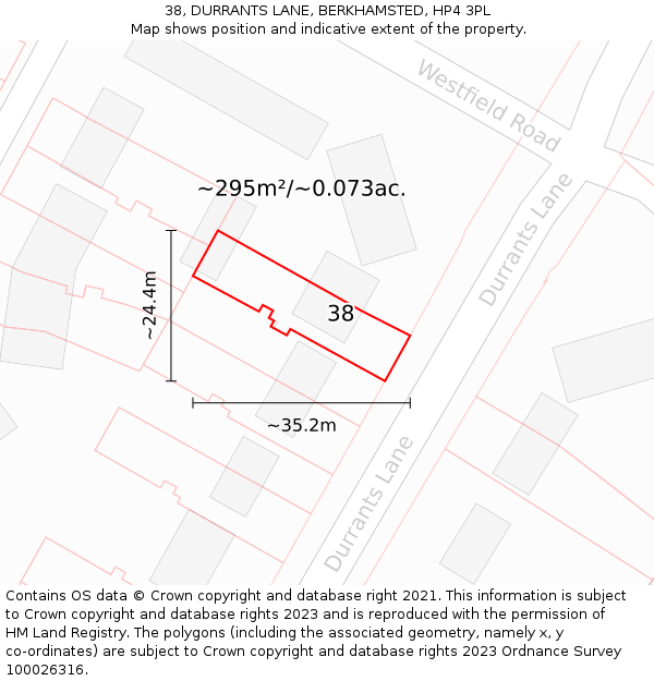 38, DURRANTS LANE, BERKHAMSTED, HP4 3PL: Plot and title map