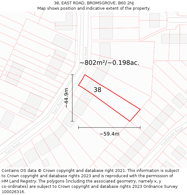 38, EAST ROAD, BROMSGROVE, B60 2NJ: Plot and title map