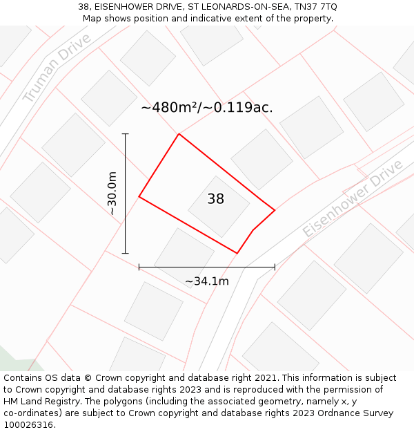 38, EISENHOWER DRIVE, ST LEONARDS-ON-SEA, TN37 7TQ: Plot and title map