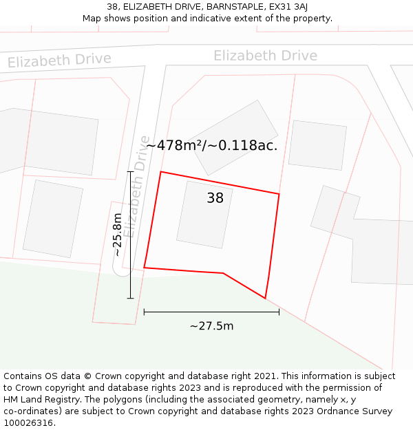 38, ELIZABETH DRIVE, BARNSTAPLE, EX31 3AJ: Plot and title map