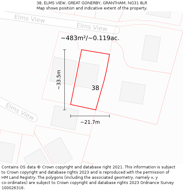 38, ELMS VIEW, GREAT GONERBY, GRANTHAM, NG31 8LR: Plot and title map