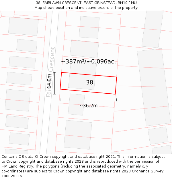 38, FAIRLAWN CRESCENT, EAST GRINSTEAD, RH19 1NU: Plot and title map