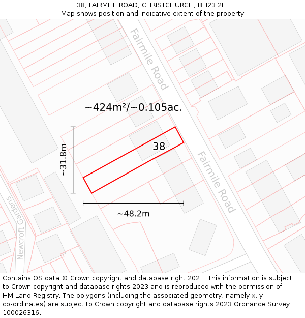 38, FAIRMILE ROAD, CHRISTCHURCH, BH23 2LL: Plot and title map