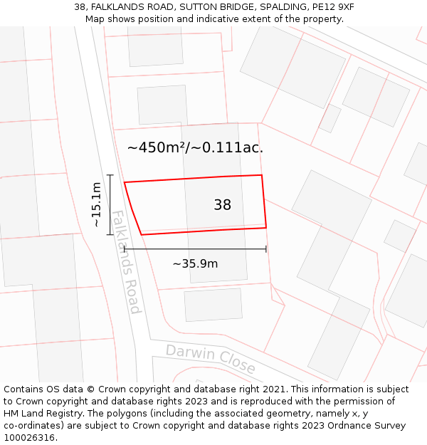 38, FALKLANDS ROAD, SUTTON BRIDGE, SPALDING, PE12 9XF: Plot and title map