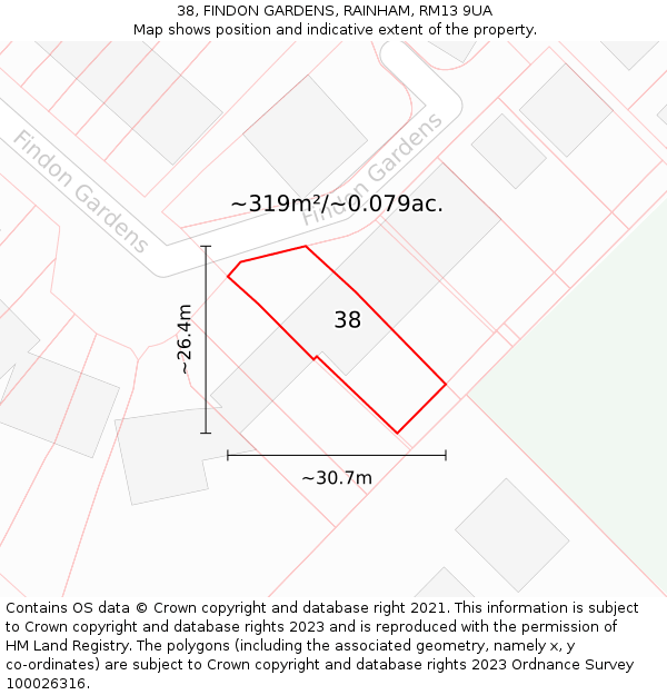 38, FINDON GARDENS, RAINHAM, RM13 9UA: Plot and title map