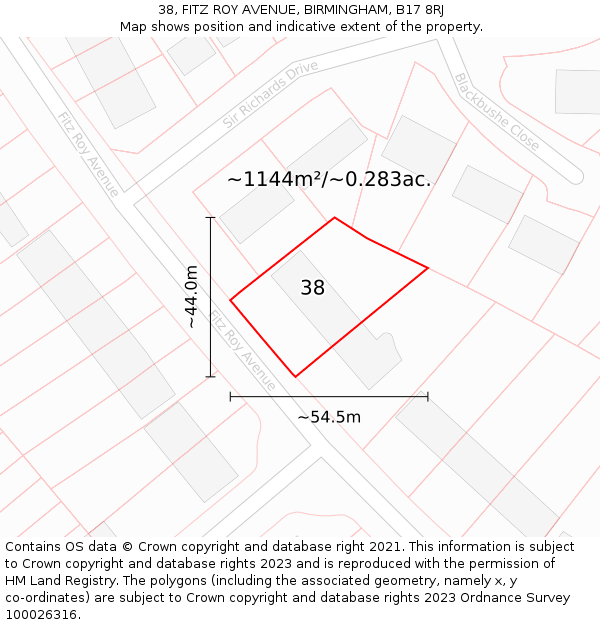 38, FITZ ROY AVENUE, BIRMINGHAM, B17 8RJ: Plot and title map