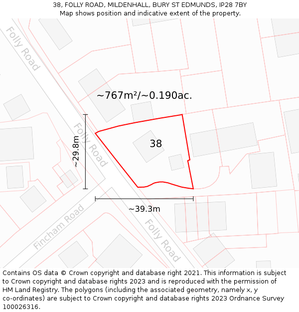 38, FOLLY ROAD, MILDENHALL, BURY ST EDMUNDS, IP28 7BY: Plot and title map