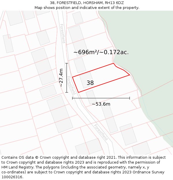 38, FORESTFIELD, HORSHAM, RH13 6DZ: Plot and title map