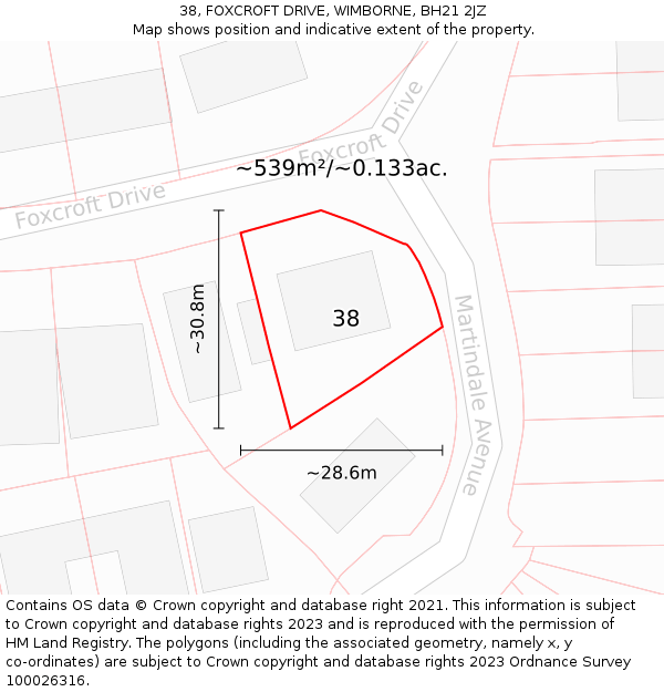 38, FOXCROFT DRIVE, WIMBORNE, BH21 2JZ: Plot and title map