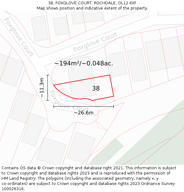 38, FOXGLOVE COURT, ROCHDALE, OL12 6XF: Plot and title map