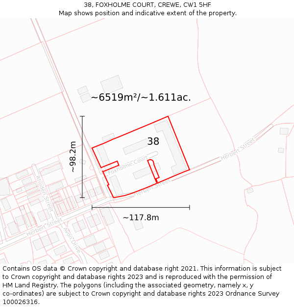 38, FOXHOLME COURT, CREWE, CW1 5HF: Plot and title map