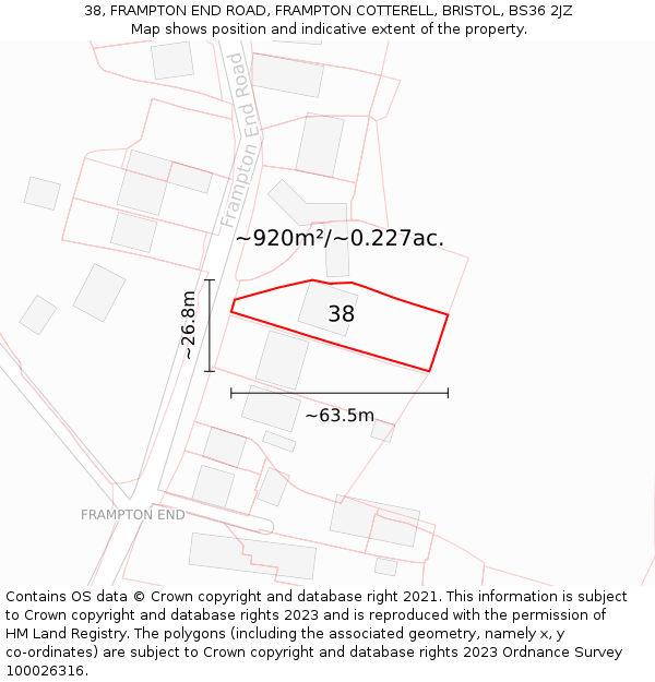 38, FRAMPTON END ROAD, FRAMPTON COTTERELL, BRISTOL, BS36 2JZ: Plot and title map