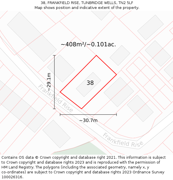 38, FRANKFIELD RISE, TUNBRIDGE WELLS, TN2 5LF: Plot and title map