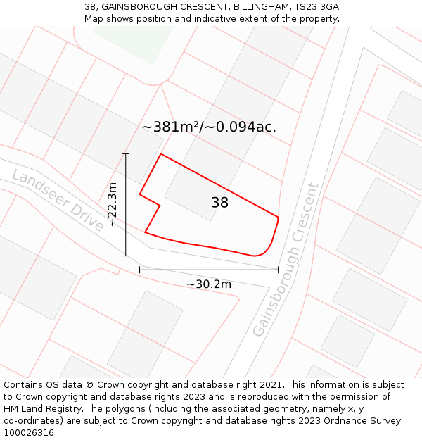 38, GAINSBOROUGH CRESCENT, BILLINGHAM, TS23 3GA: Plot and title map