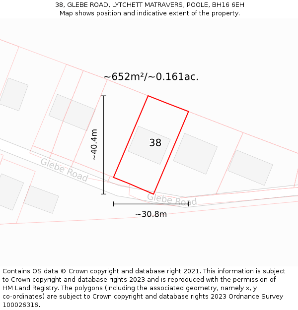 38, GLEBE ROAD, LYTCHETT MATRAVERS, POOLE, BH16 6EH: Plot and title map