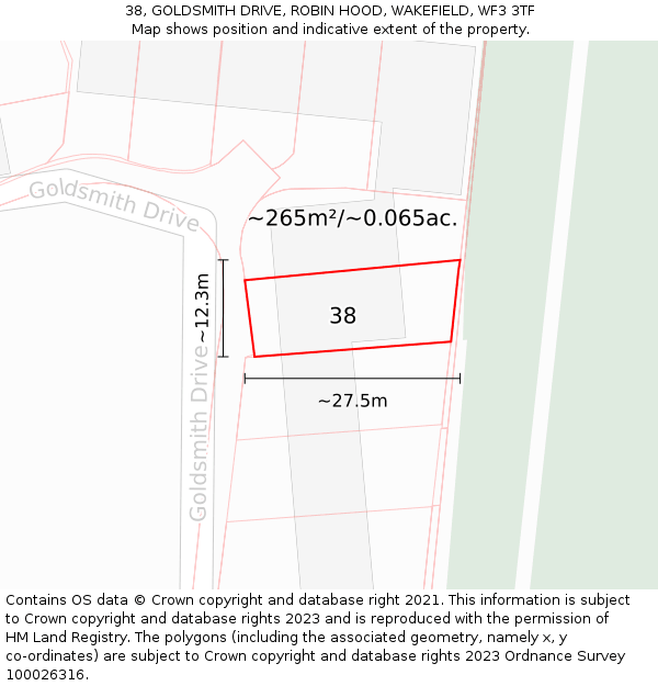 38, GOLDSMITH DRIVE, ROBIN HOOD, WAKEFIELD, WF3 3TF: Plot and title map