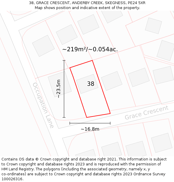 38, GRACE CRESCENT, ANDERBY CREEK, SKEGNESS, PE24 5XR: Plot and title map