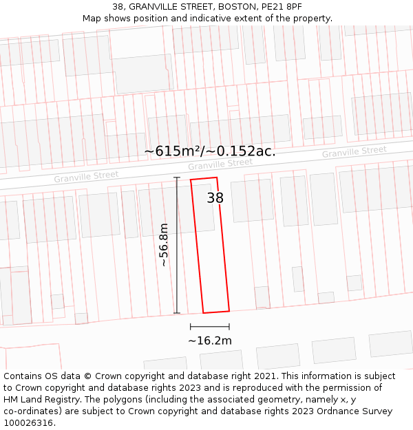 38, GRANVILLE STREET, BOSTON, PE21 8PF: Plot and title map